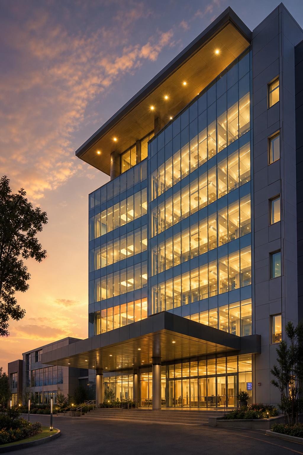 Athira Hospital exterior at dusk